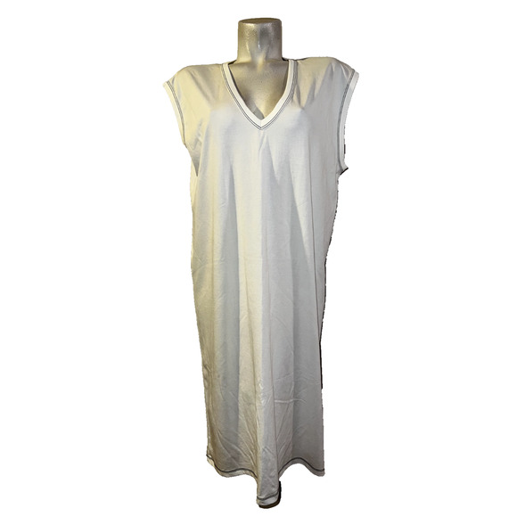 ZARA Dress Sz M White w/Black Stitching V-Neck Midi Slvls Minimalist Shirtdress - Picture 1 of 6